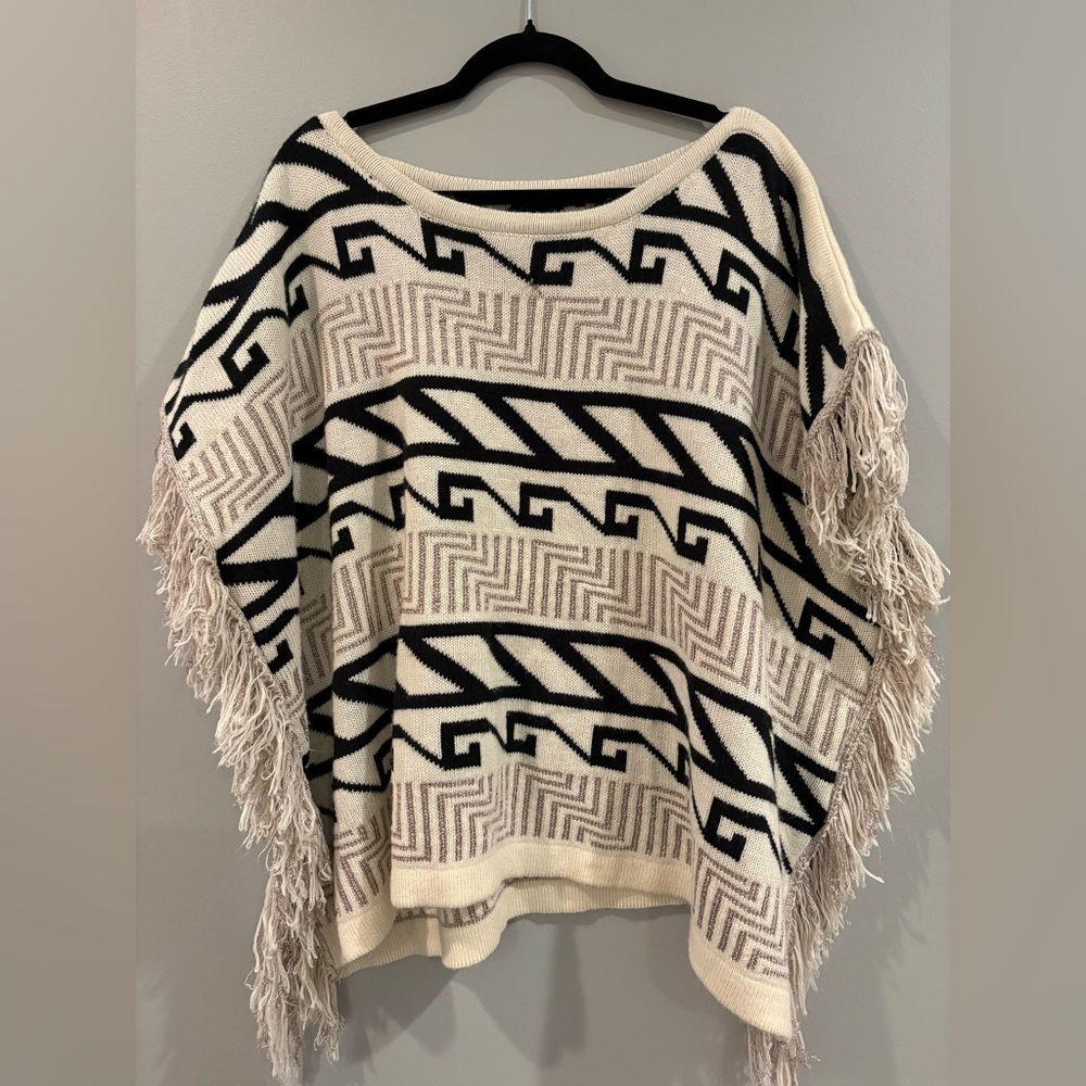 W118 by Walter Baker Black and Cream Fringe Poncho